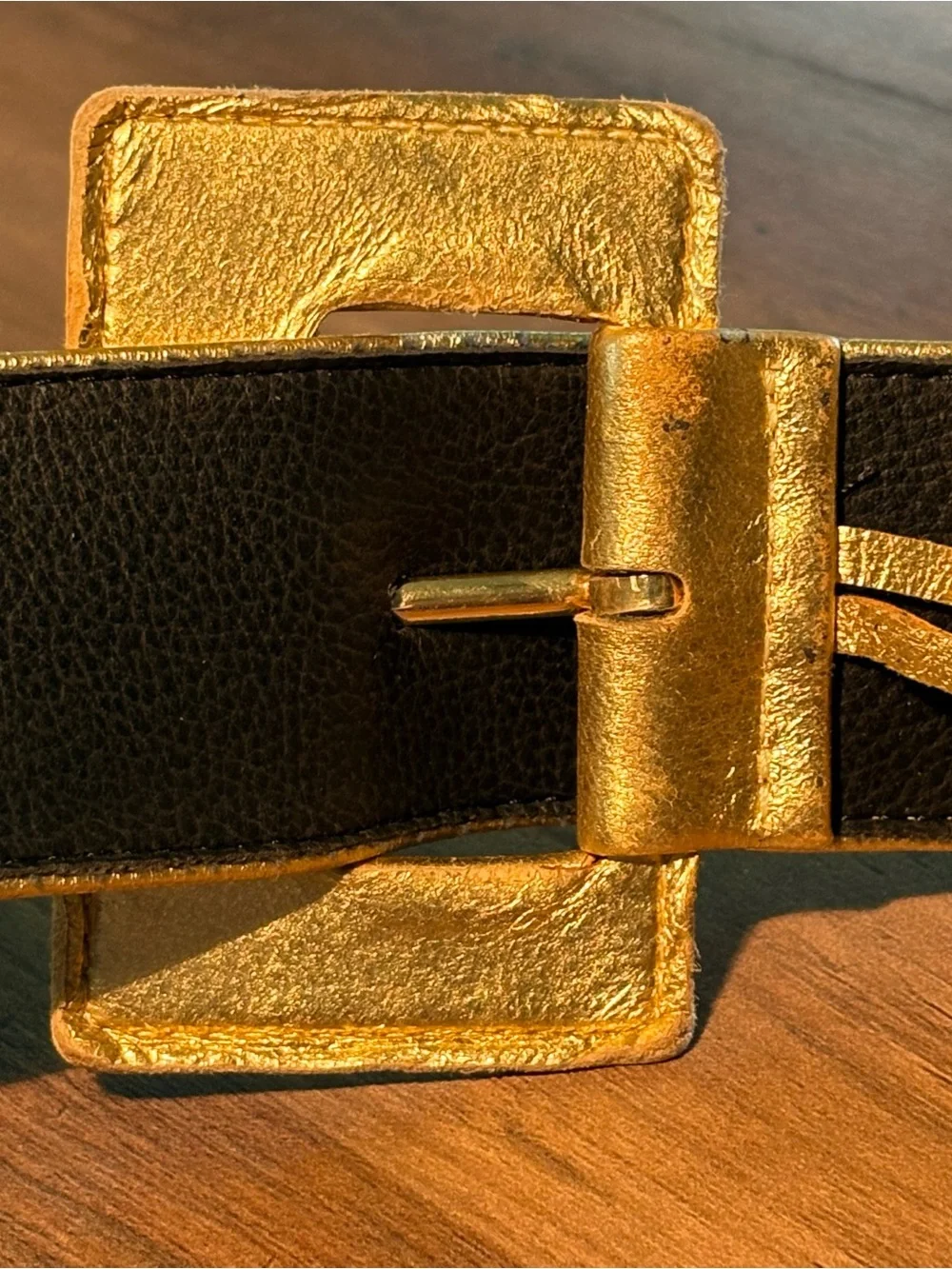 Vintage Charles Jourdan Metallic Gold Faux Leather Belt with Square Buckle 28